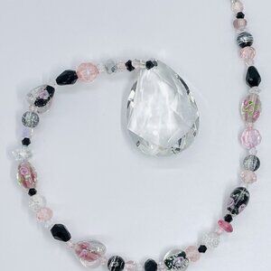 Beaded Suncatcher - Pink Black Hearts Roses - Crystal Prism - Indoor Outdoor
